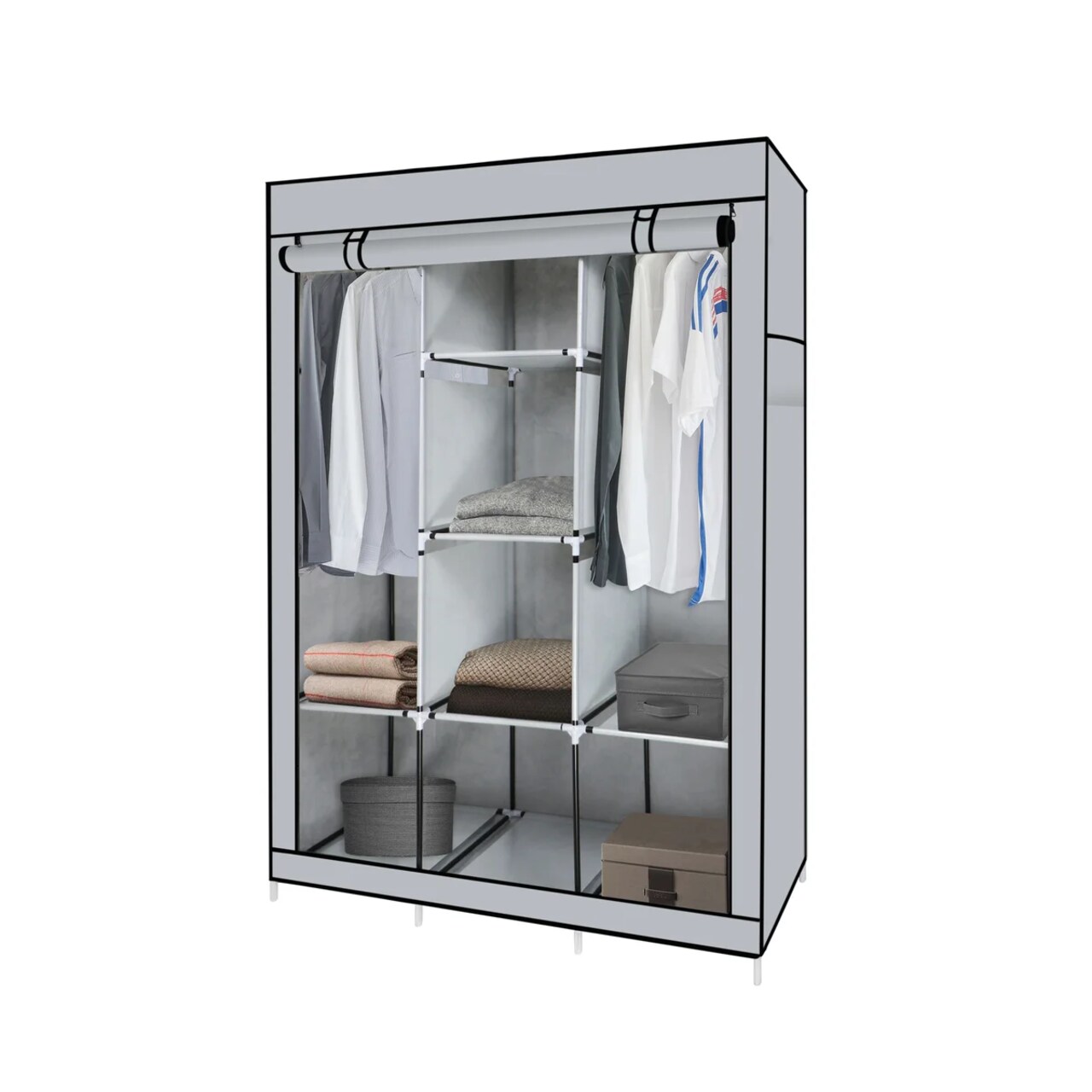 Portable Free Standing Closet with 8 Storage Shelves, 2 Hanging Rod & 4 Pockets